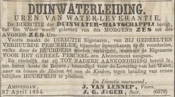 Afbeelding uit: mei 1854. Water werd aanvankelijk alleen overdag geleverd. Advertentie in het Algemeen Handelsblad van 1 mei 1854.