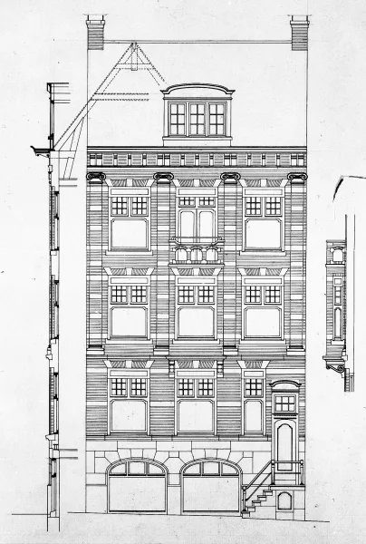 Afbeelding uit: 1906. Ontwerp van Baanders voor het pand dat op de plek van de oude huisjes Prinsengracht 955 en 957 kwam.
Bron afbeelding: SAA, bestand 291BTA926543.