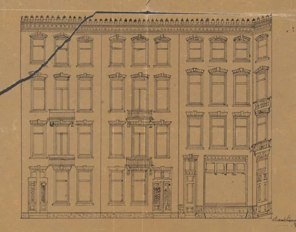 Afbeelding uit: 1895. Het ontwerp van de gevels aan het park zoals ingediend bij de aanvraag voor de bouwvergunning.