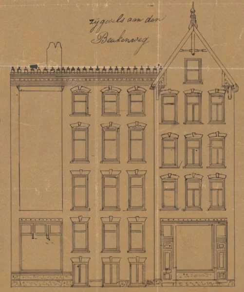 Afbeelding uit: 1895. Het ontwerp van de gevels aan de Beukenweg, zoals ingediend bij de aanvraag voor de bouwvergunning.