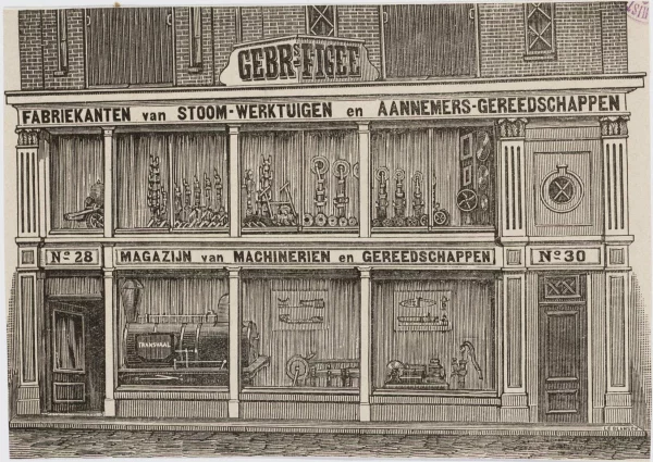 Afbeelding uit: circa 1883. Deze prent toont de pui aan de Voorburgwal toen die in gebruik was bij de firma Figée.
Bron afbeelding: SAA, bestand 010194000236.