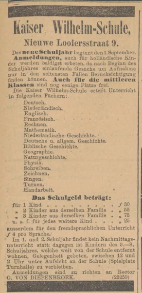 Afbeelding uit: juli 1909. Advertentie van de Kaiser Wilhelm-Schule in het Algemeen Handelsblad.