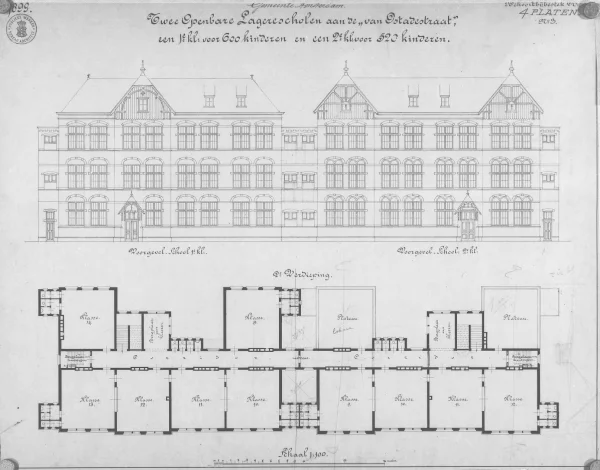 Afbeelding uit: 1899. Voorgevels, en de plattegrond van de tweede verdieping.