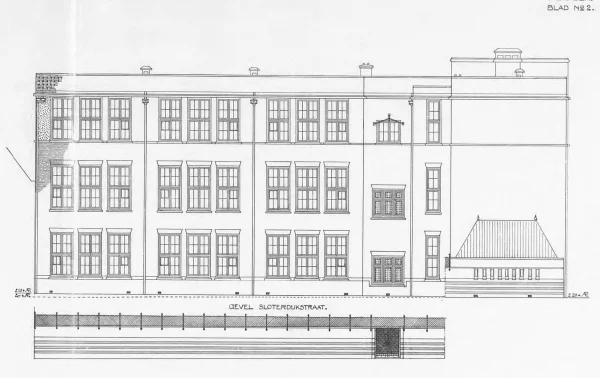 Afbeelding uit: 1916. Het ontwerp van de gevel gezien vanaf de Sloterdijkstraat (onder: de muur aan die straat).