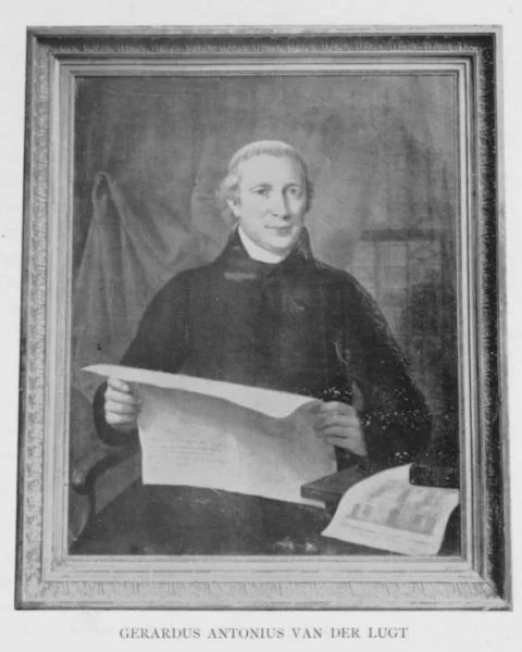 Afbeelding uit: 1935. Foto van een schilderij dat A. de Lelie maakte van pastoor G.A. van der Lugt. In zijn handen heeft hij een plattegrond van de kerk; op het tafeltje ligt een tekening van de voorgevel. (overgenomen uit Van der Loos 1935)