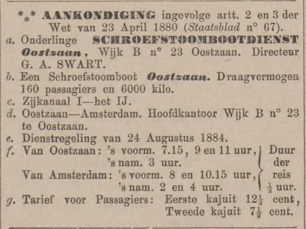 Afbeelding uit: augustus 1884. Advertentie voor de stoomboot uit 1884, geplaatst in de Opregte Haarlemsche Courant.