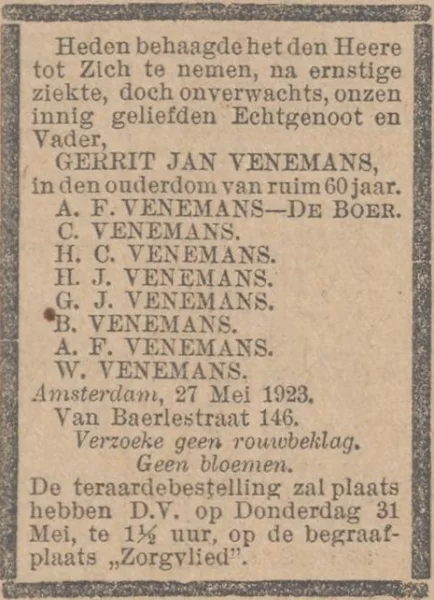 Afbeelding uit: mei 1923. Overlijdensadvertentie in De Standaard.