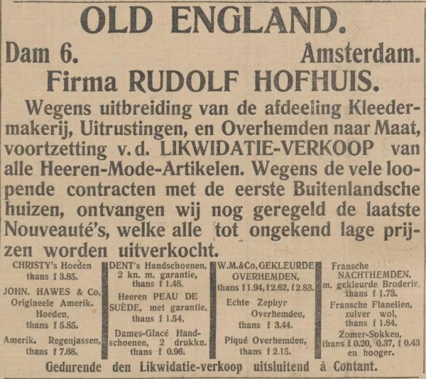 Afbeelding uit: april 1905. Advertentie voor de liquidatieverkoop van Hofhuis, geplaatst in De Tijd van 15 april 1905.