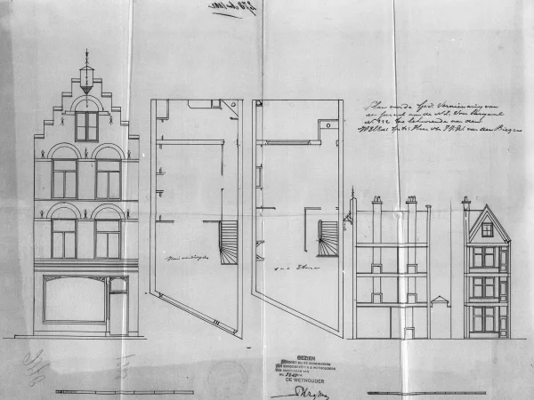 Afbeelding uit: 1882. V.l.n.r. voorgevel, plattegrond huisverdieping, plattegrond 1e en 2e etage, doorsnede, achtergevel.
Bron afbeelding: SAA, bestand 5221BT909650.