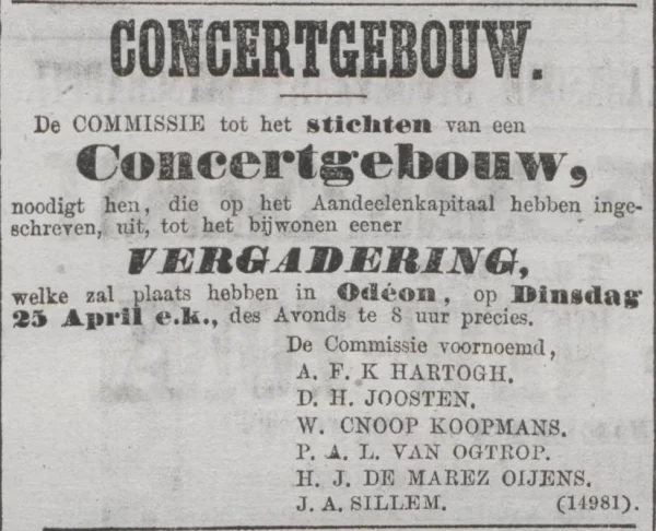 Afbeelding uit: april 1882. Uitnodiging voor een vergadering in Odeon, met de namen van de zes initiatiefnemers.