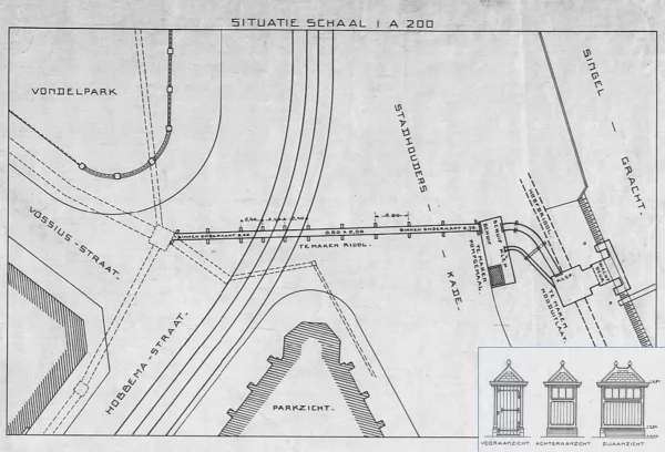 Afbeelding uit: 1911. Situatietekening van rioolgemaal C, in 1911 gebouwd op de Stadhouderskade nabij het Vondelpark. Het loosde op het hoofdriool, dat langs de Singelgracht liep. Bovengronds was alleen een klein gebouw zichtbaar (inzet).