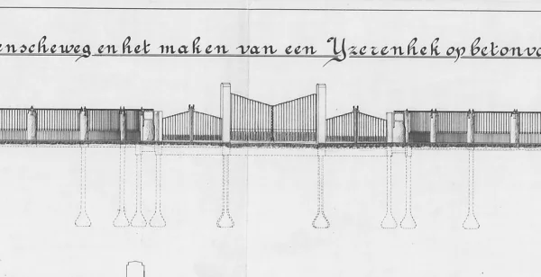 Afbeelding uit: 1916. Ontwerptekening van het hek, met fundering.