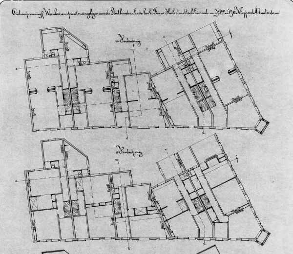 Afbeelding uit: 1877. De plattegronden van de bovenverdiepingen laten zien hoe Bijvoets omging met het lastige grondplan.
Bron afbeelding: SAA, bestand 010056918564.