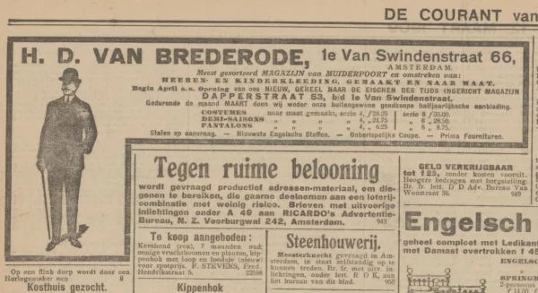 Afbeelding uit: maart 1909. Advertentie waarin Van Brederode de verhuizing naar de Dapperstraat aankondigt.
