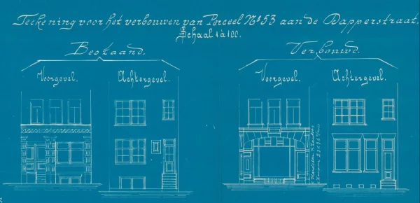 Afbeelding uit: 1909. Tekeningen van de bestaande en nieuwe voor- en achtergevels.