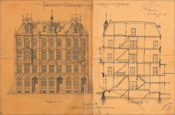 Afbeelding uit: 1884. "Ontwerp voor 3 woonhuizen op 't terrein De IJsbreker"