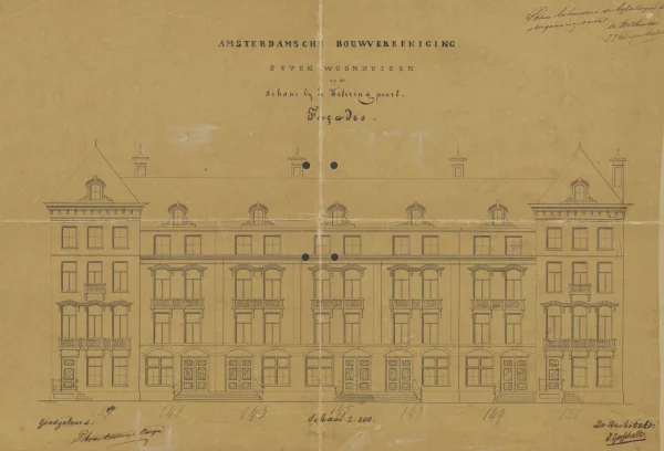Afbeelding uit: 1865. "Amsterdamsche Bouwvereeniging / zeven woonhuizen op de Schans bij de Weteringpoort. / Façades"
