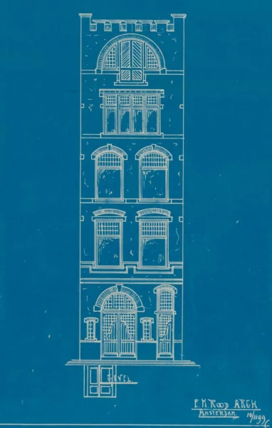 Afbeelding uit: 1899. Het ontwerp van de nieuwe voorgevel, met een geveltop met kantelen.