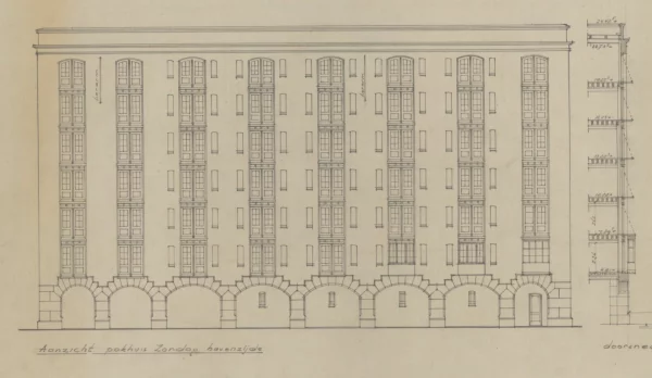 Afbeelding uit: 1902. "Aanzicht pakhuis Zondag havenzijde", ontwerptekening.