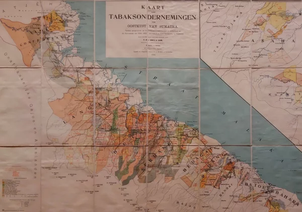 Afbeelding uit: 1900. Kaart van tabaksplantages op Noordoost-Sumatra (uitsnede). In het midden de gebieden Langkat, Deli en Serdang. Collectie Allard Piersonmuseum, HB-KZL VI 13 D 6 (4).
