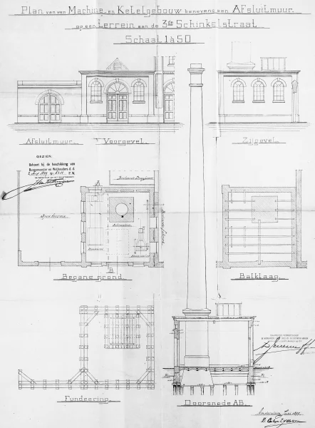 Afbeelding uit: 1899. Plan voor een machine- en ketelgebouw, links van het bestaande fabriekspand. Gebouwd door de aannemers Cerlijn en De Haan.
Bron afbeelding: SAA, bestand 5221BT903297.