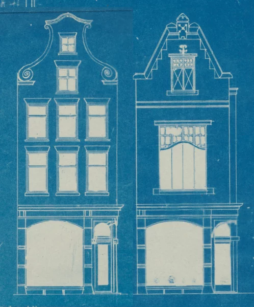 Afbeelding uit: 1910. De gevel aan de Kalverstraat, bestaande (links) en nieuwe situatie naar het ontwerp van Nienaber in 1910. (bewerking van bouwtekening)