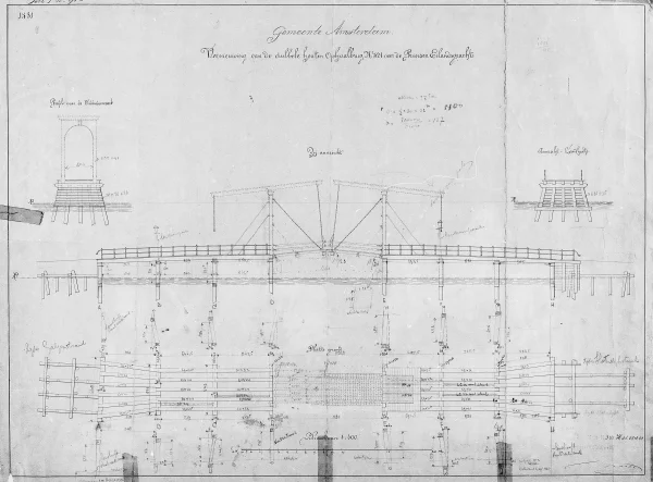 Afbeelding uit: 1881. "Vernieuwen van de dubbele houten ophaalbrug no. 321 over de Prinsen Eilandsgracht", 1881.