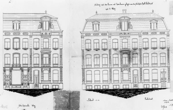 Afbeelding uit: 1880. Het gedeelte op de hoek. Links de gevel aan de Overtoom, rechts die aan de Parkstraat (nu Reyer Ansloostraat).
Bron afbeelding: SAA, bestand 5221BT904940.