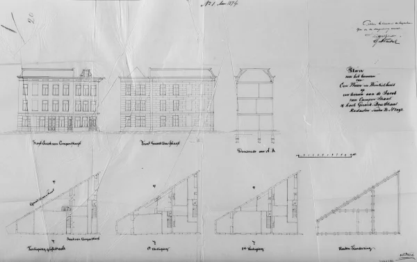 Afbeelding uit: 1873-1874. "Plan voor het bouwen van Een Woon en Winkelhuis op een terrein aan de Jacob van Campenstraat & hoek Gerard Doustraat"
Bron afbeelding: SAA, bestand 005220903735.