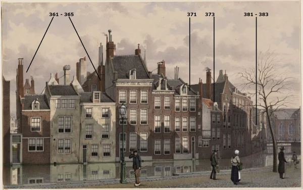 Afbeelding uit: 1884. Tekening van de situatie voor de demping van de Nieuwezijds Voorburgwal. De nummers en lijnen geven aan waar de nieuwbouw van Bleys kwam.
Bron afbeelding: SAA, bestand 010097010043.