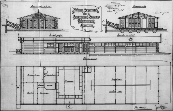 Afbeelding uit: 1886. Het ontwerp van Ingenohl voor het eerste, drijvende botenhuis.
Bron afbeelding: SAA, bestand 5221BT905514.