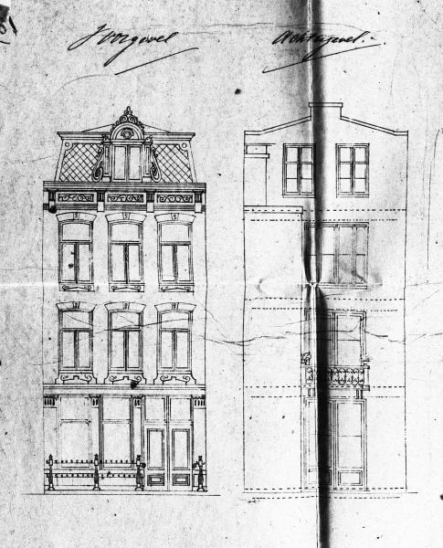 Afbeelding uit: 1871. Uitsnede van de bouwtekening, "Plan tot amovering en wederopbouw van perceel Amstelveld 13".
Bron afbeelding: SAA, bestand 5221BT909843.