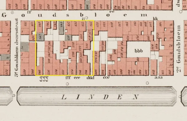 Afbeelding uit: 1876. Op deze kaart uit 1876 zijn de huizen op het binnenterrein te zien, die bereikbaar waren via smalle gangen.