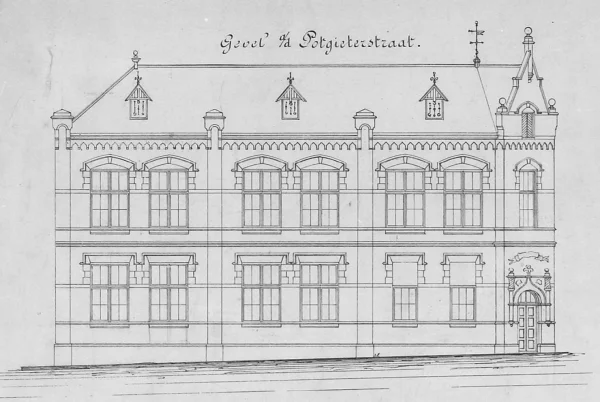 Afbeelding uit: 1885. Het ontwerp van de gevel aan de Potgieterstraat. De gevel aan de Da Costakade is er het spiegelbeeld van.