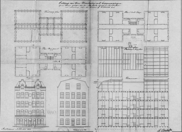 Afbeelding uit: 1881. De bouwtekening, "Ontwerp van twee Woonhuizen met Bovenwoningen".
Bron afbeelding: SAA, bestand 5221BT907970.