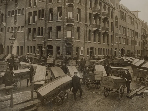 Afbeelding uit: circa 1915. Bakkerskarren van De Dageraad, op de hoek Toldwarsstraat-Tolstraat.
Bron afbeelding: SAA, bestand OSIM00001005758.