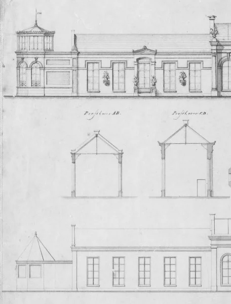 Afbeelding uit: 1877. Tekening van de nieuwe koepel (boven), destijds gekoppeld aan de toenmalige oranjerie. Geheel onder de oude situatie.