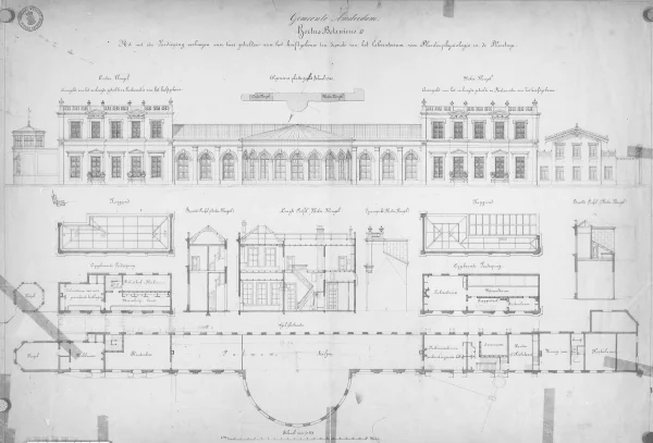 Afbeelding uit: 1880. Het hoofdgebouw in 1880. Hiervan bestaan nu nog alleen  de koepel (geheel links) en de hortulanuswoning (rechts).