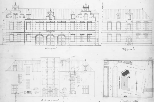 Afbeelding uit: 1896. Ontwerp van de gevels. In het midden van de achtergevel is de klimtoren te zien.