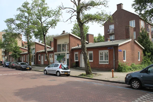Afbeelding uit: mei 2024. Het rijtje voorbij de Burg. Van Leeuwenstraat, bij het Henric van Veldekehof.