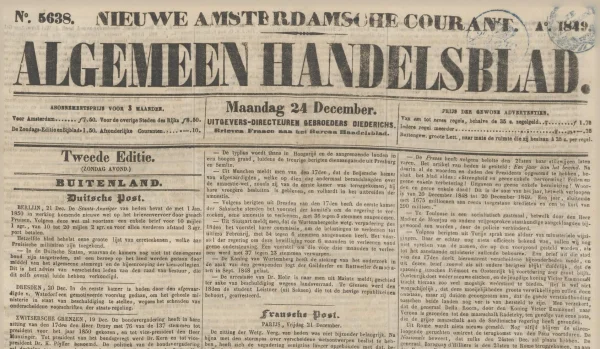 Afbeelding uit: december 1849. Een editie van het Algemeen Handelsblad, met rechtsboven de stempels die aangaven dat de belastingen betaald waren.