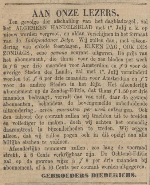 Afbeelding uit: juni 1869. Bericht van de uitgever van het Algemeen Handelsblad aan de lezers, vlak voor de afschaffing van het dagbladzegel.