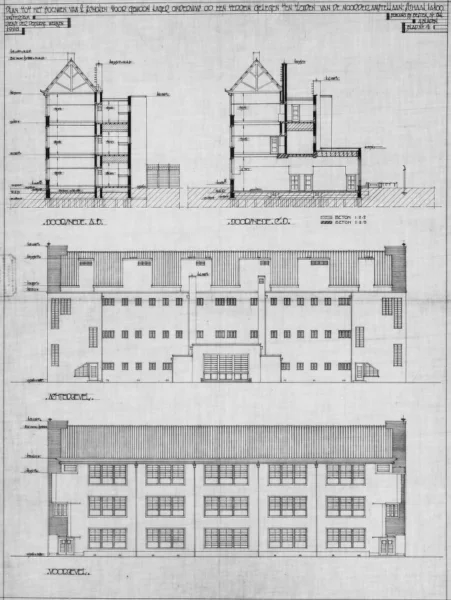 Afbeelding uit: 1926. Doorsnedes, achtergevel, voorgevel.