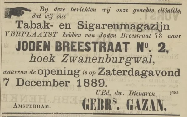 Afbeelding uit: december 1889. Advertentie van Gazan in het 
Centraal blad voor Israëlieten in Nederland, 6 december 1889.