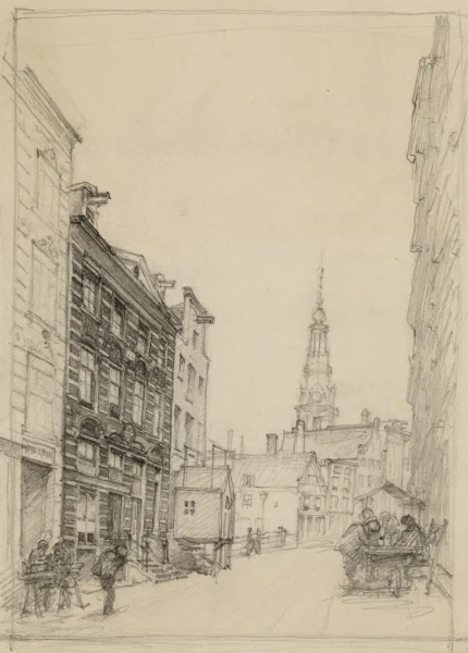 Afbeelding uit: circa 1885. Op deze tekening is het hoekhuis te zien in de staat vóór 1889. Voor de deur staat een loofhut, een tijdelijk bouwsel voor de viering van het zeven dagen durende Joodse loofhuttenfeest (soekot).
Bron afbeelding: SAA, bestand 010097001598.