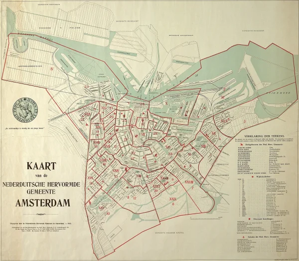 Afbeelding uit: 1915. Wijkindeling van de Hervormde Gemeente, 1915. De meeste wijken hadden een eigen wijkgebouw; vele ook een eigen kerk. Noord was nog onontgonnen gebied.
Bron afbeelding: SAA, bestand D10100000201.