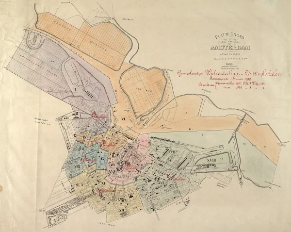 Afbeelding uit: 1888. "Geneeskundige Wijkverdeeling en Zittinglokalen", per 1-1-1889. De rode letters A t/m F markeren de zittingslokalen. A: in het huidige Westerpark; B: Prinsengracht 235; C: Rozengracht 226; D: Weteringschans naast de gevangenis; E: Binnengasthuis; F: Plantage Lijnbaansgracht bij de Muiderpoort.
Bron afbeelding: SAA, bestand D10100000078.