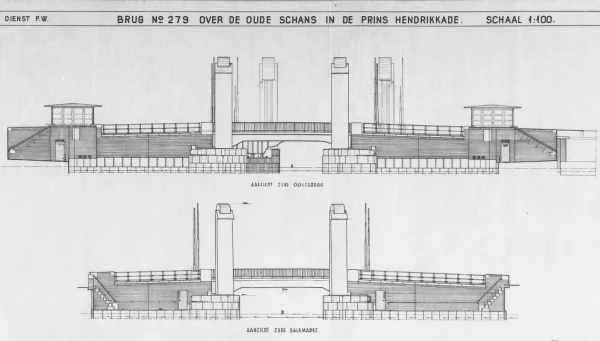 Afbeelding uit: 1939. Aanzichten. De huisjes zijn abri's waar voetgangers tijdens het wachten voor een open brug konden schuilen voor de regen.