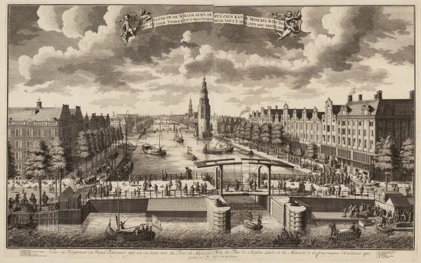 Afbeelding uit: circa 1710. Situatie begin 18de eeuw: dubbele ophaalbrug met sluis.
Bron afbeelding: SAA, bestand 010094008201.