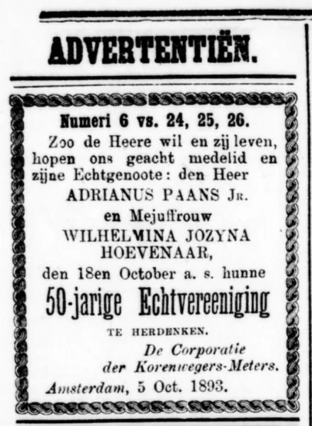 Afbeelding uit: oktober 1893. Collega's van Paans feliciteerden hem en zijn vrouw met hun 50-jarige huwelijk, middels een advertentie in De Standaard.